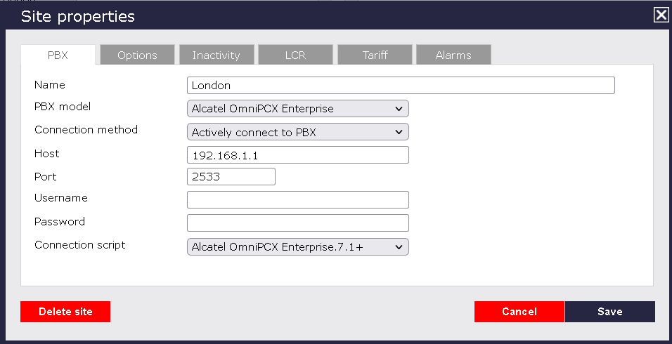 TIM Plus PBX Connection Properties