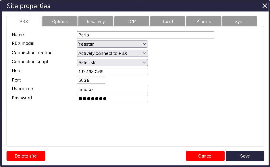 TIM Plus PBX Connection Properties